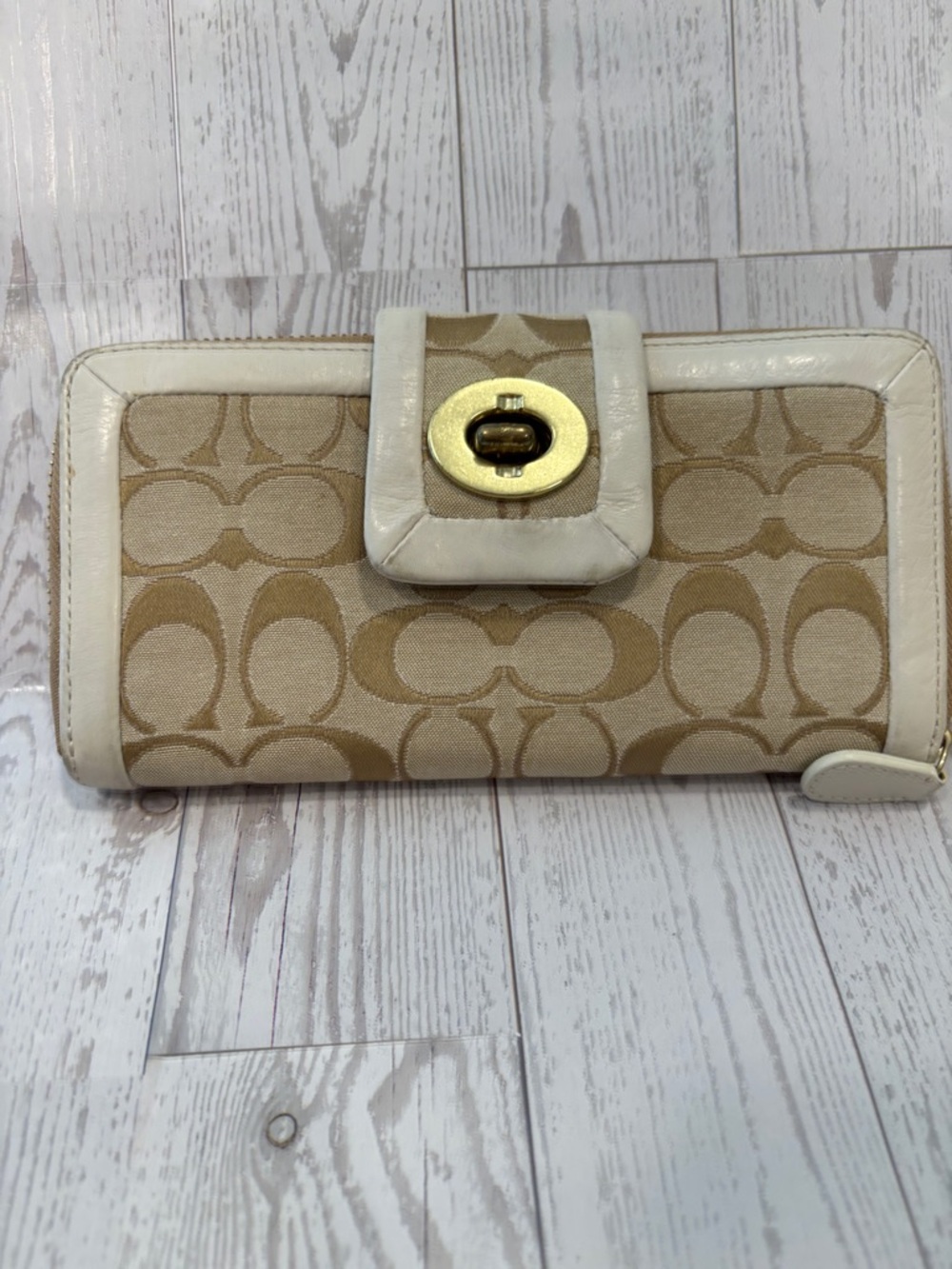 Coach Signature Canvas Continental Wallet in Beige and Cream with Gold Turnlock